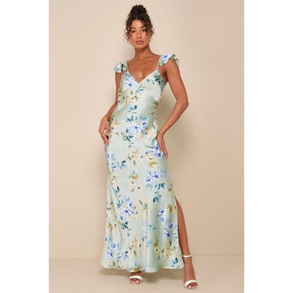 Lulus Captivating Grace Sage Green Floral Satin Ruffled Maxi Dress - Size M